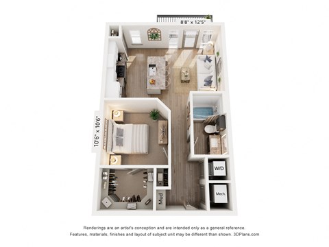 Floor plan for studio, 1 bath, 669 sqft